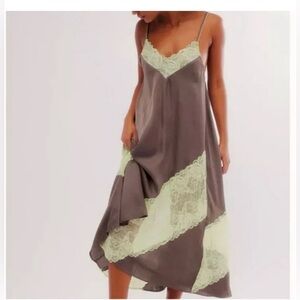 Free People Intimately Taupe/Brown and Green Lace slip dress